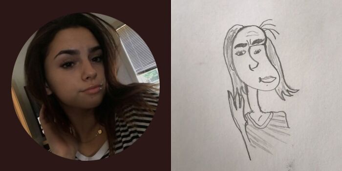 Person's profile pic with funny, unflattering cartoon drawing side-by-side comparison.