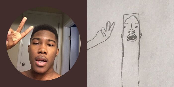 Person giving a peace sign alongside a humorous and unflattering cartoon version of their profile picture.