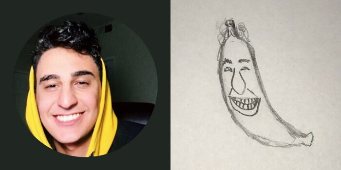 Smiling person in yellow hoodie and unflattering cartoon roast of profile pic as a banana.