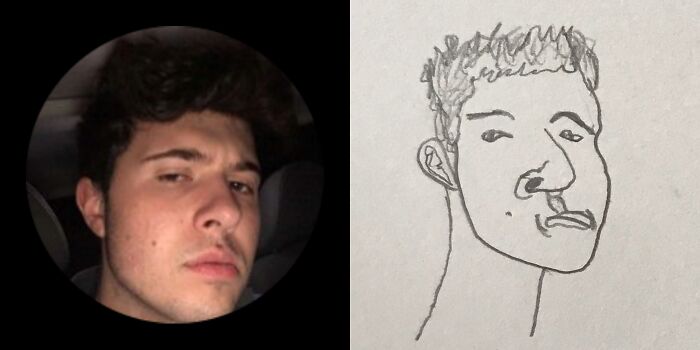 A profile pic on the left humorously roasted with an unflattering cartoon on the right.