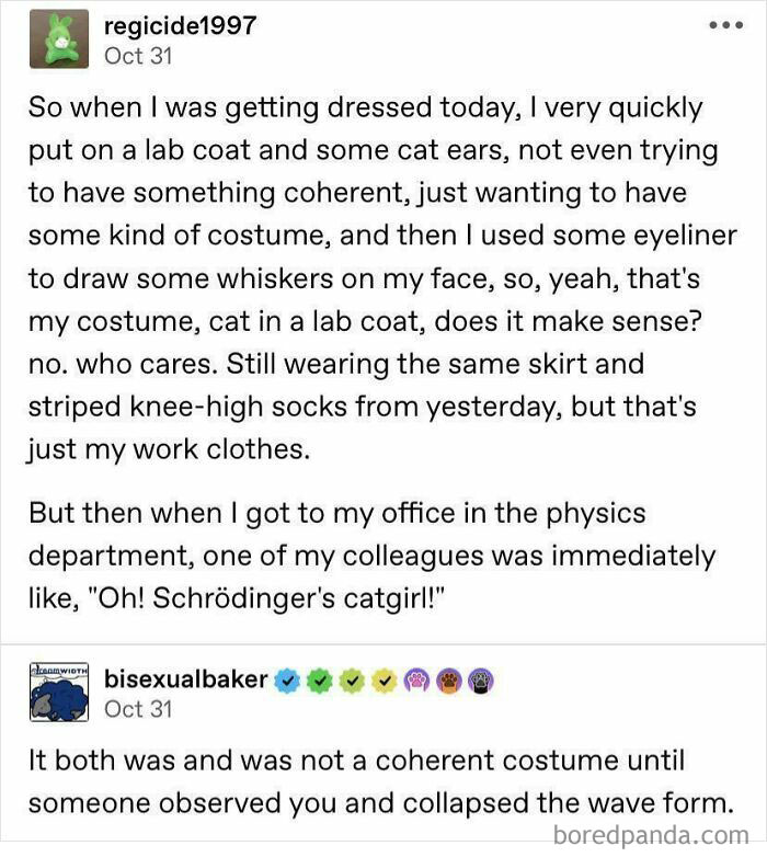 Coworker humor with a lab coat and cat ears costume, leading to a Schrödinger's catgirl joke in the physics department.