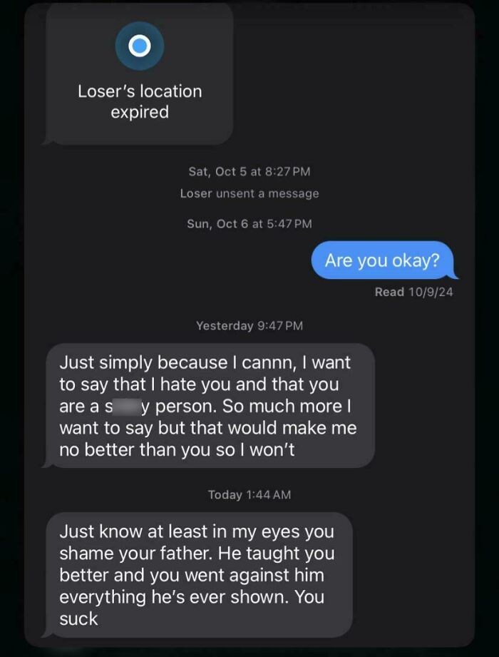 Text exchange showing conflict with an ex, highlighting harsh words and unresolved emotions.