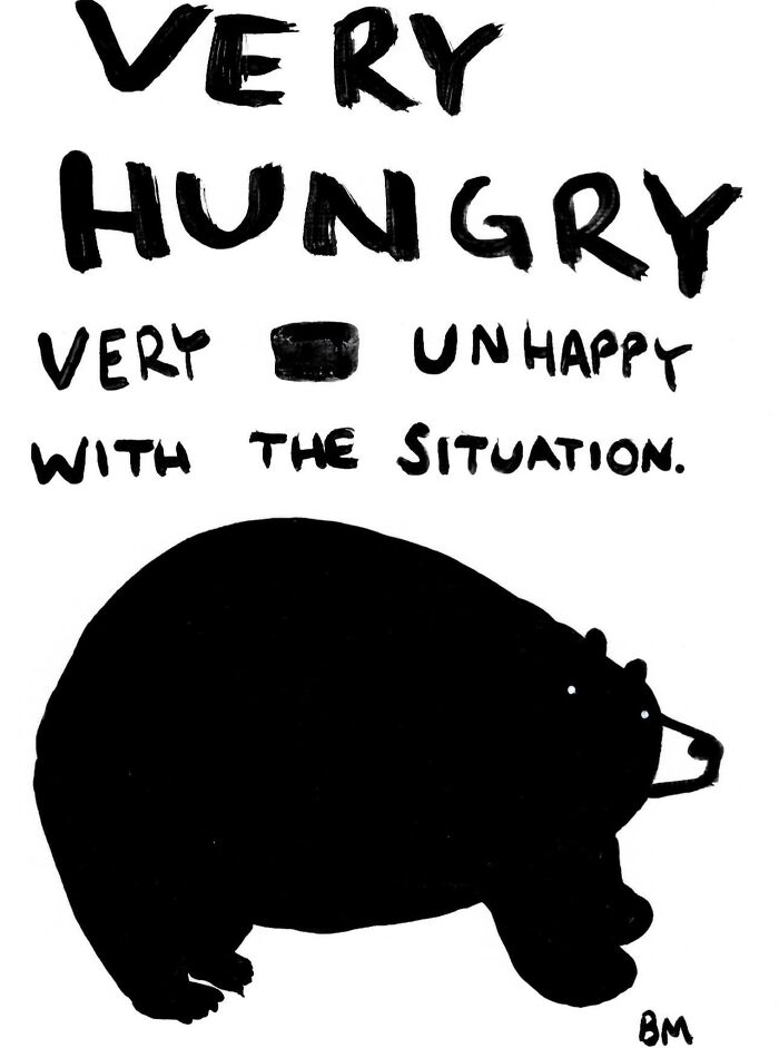 Drawing of a bear looking unhappy with text "Very hungry, very unhappy with the situation" by Billy Murphy.