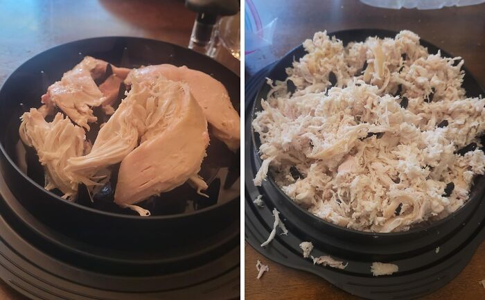 Shredded chicken in a black bowl, perfect for efficient meal prep, displayed on a wooden table.