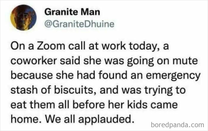 Tweet about a coworker's funny Zoom call moment, involving an emergency stash of biscuits.