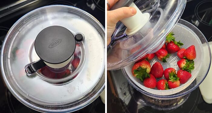 Salad spinner with strawberries for efficient meal prep.