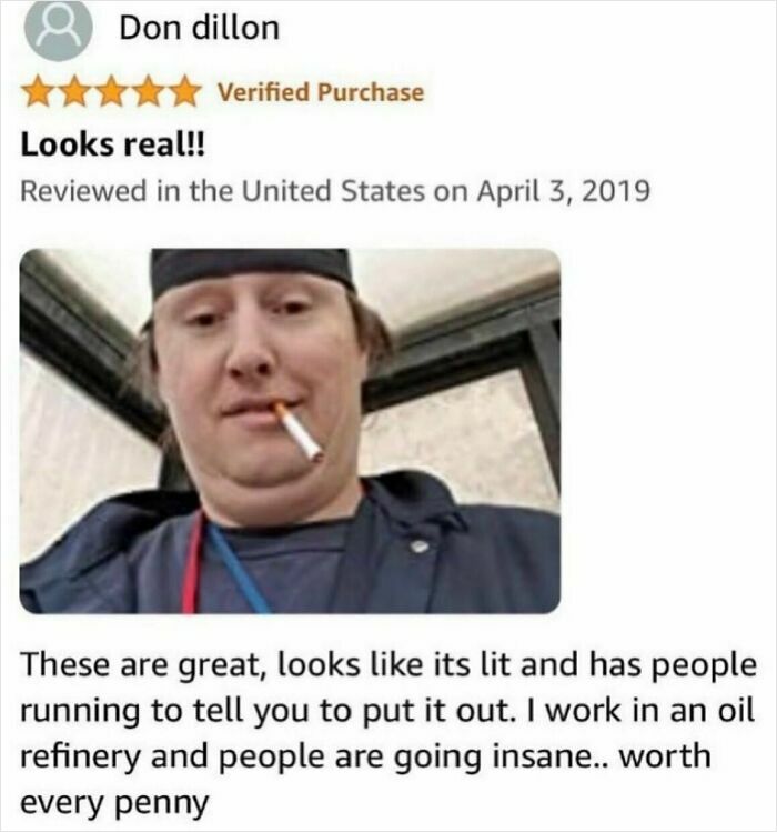 Man with cap and cigarette, humorously reviewing prank item in online post, showcasing funny coworkers.