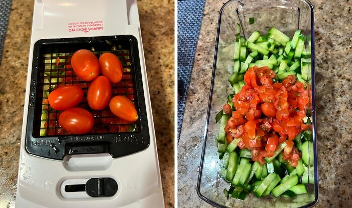 Diced tomatoes and cucumbers in a meal prep container, using a vegetable chopper for efficient meal preparation.