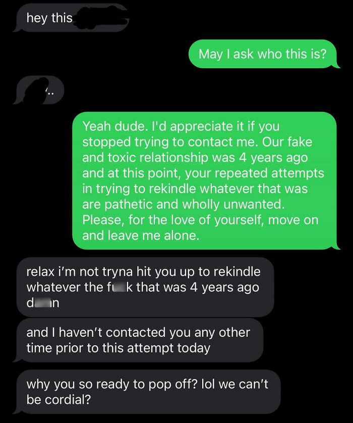 Text exchange illustrating why you don't talk to exes, featuring a conversation about a past toxic relationship.