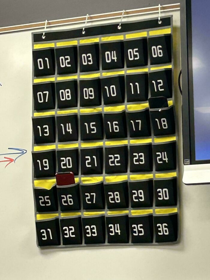 Wall organizer with numbered pockets in an American school classroom.
