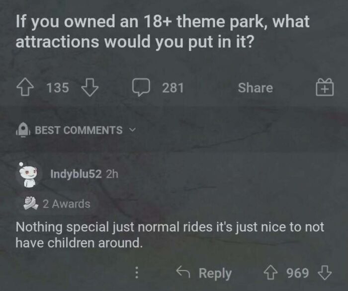 Reddit thread discussing an 18+ theme park idea, with humorous comment about enjoying normal rides without children.