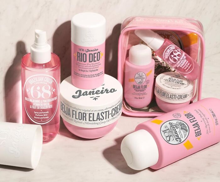 Pink beauty products arranged on a marble surface, perfect treats to fill your own Easter basket.