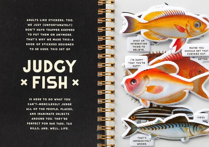 Sticker book with fish illustrations and sarcastic captions, titled "Judgy Fish," perfect for the weird friend.