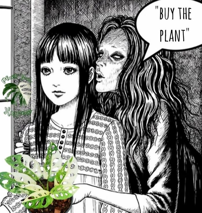 Comic style illustration with a ghost whispering "Buy the plant" to a person holding a plant.