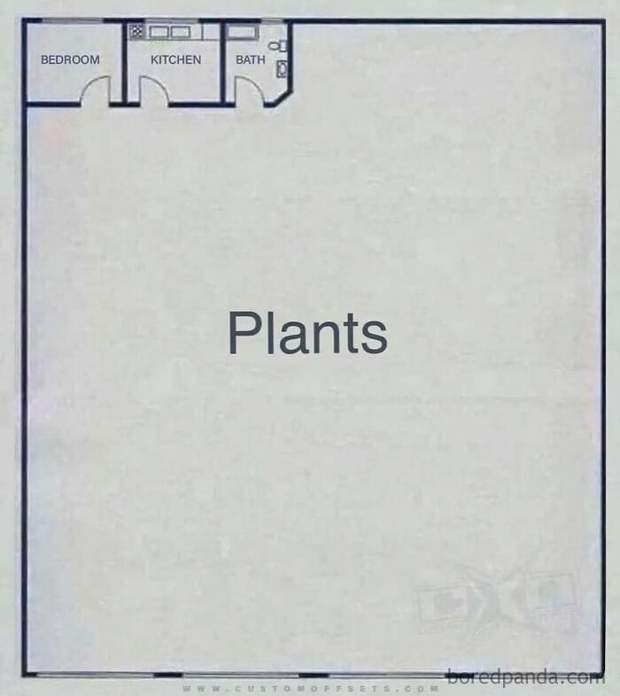 Floor plan with small rooms labeled for bedroom, kitchen, and bath; large area labeled "Plants" emphasizes space for plant owners.