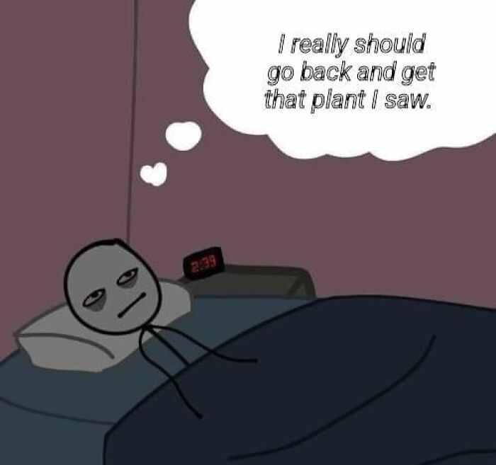 Cartoon figure at night thinking about buying a plant, capturing a relatable moment for plant owners.