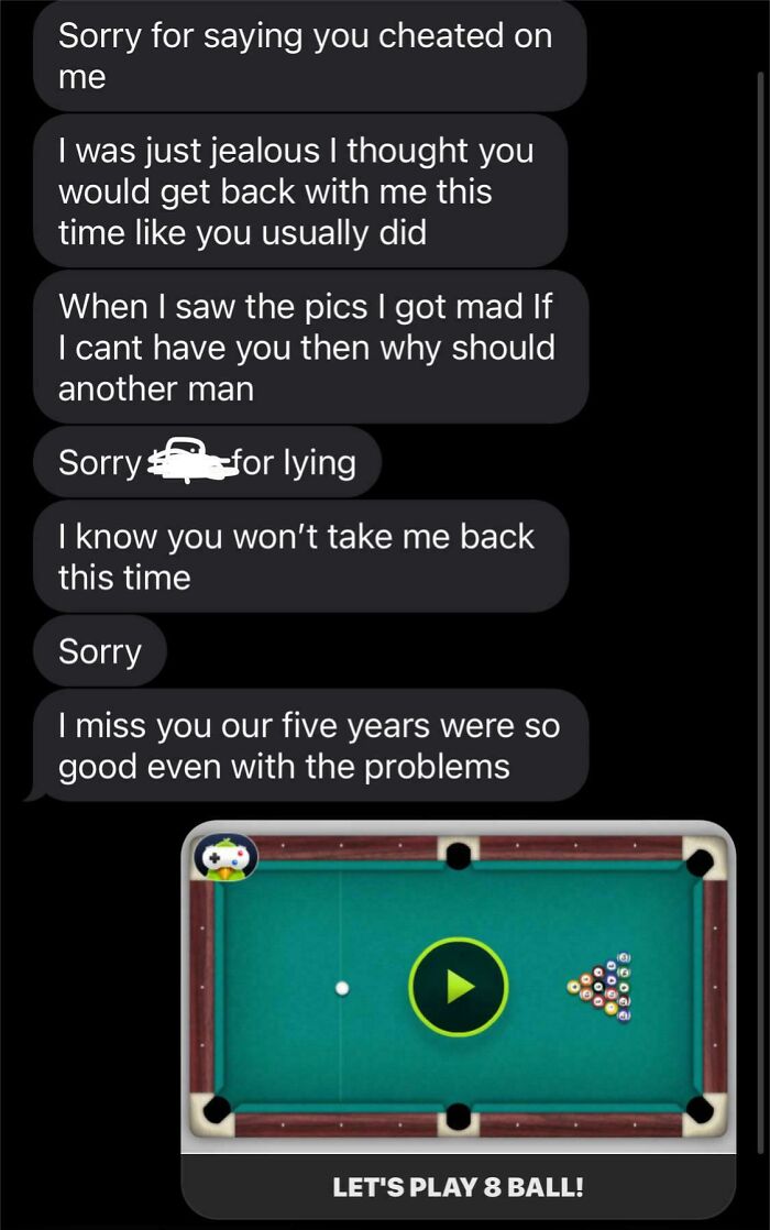 Text messages showing a problematic conversation with an ex, ending with a pool game invite.