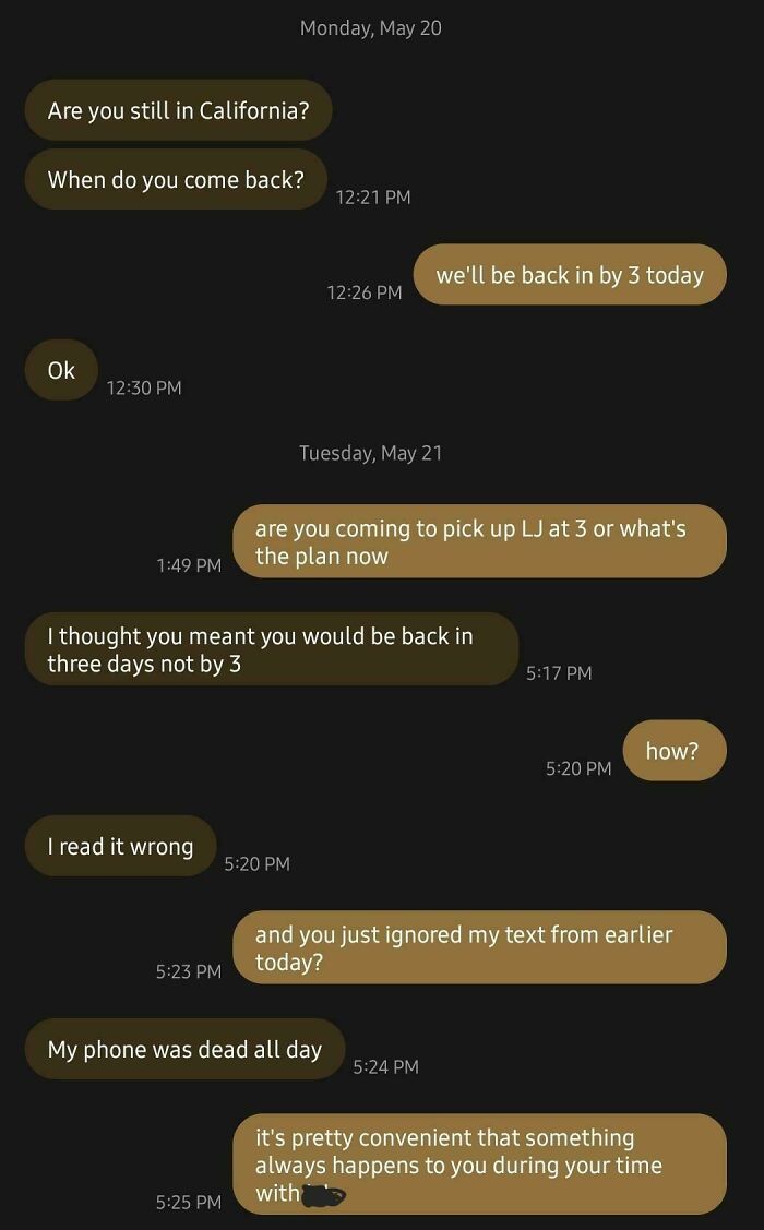 Text exchange showing frustrating conversation with exes about plans and misunderstandings.