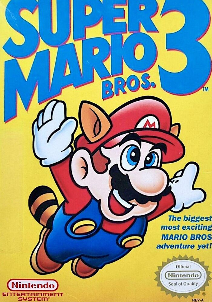 Cover art of 'Super Mario Bros. 3' showcasing Mario flying with a yellow background, a classic '90s video game.