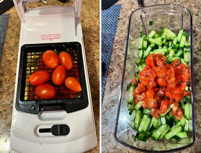 Tomato and cucumber chopper in action, a most-wished-for kitchen gadget on Amazon.