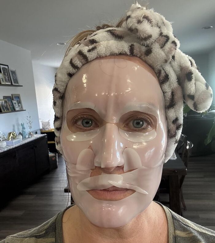 Person wearing a hydrating face mask, showcasing one of Amazon's most-wished-for items.