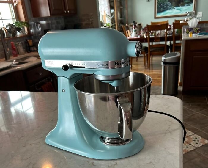 Blue kitchen mixer on countertop; a most-wished-for item on Amazon.