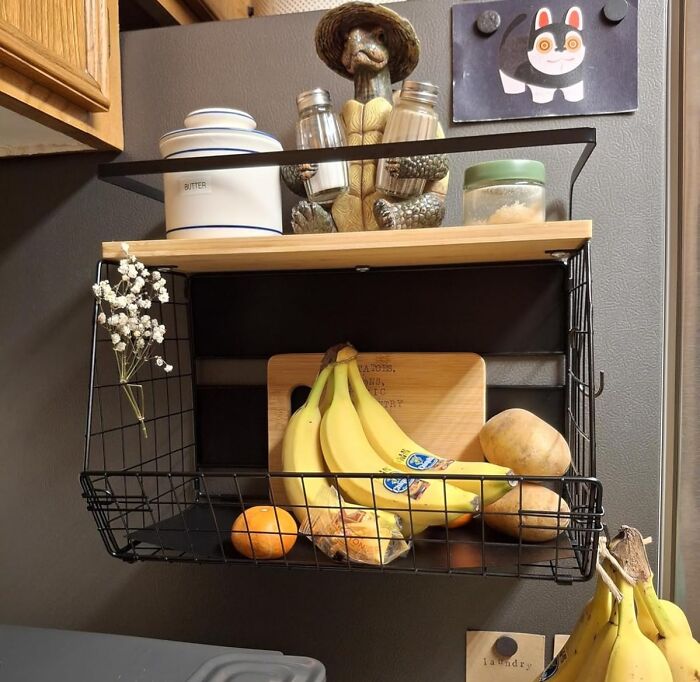 Kitchen shelf organizer with bananas and spices, a popular Amazon item.