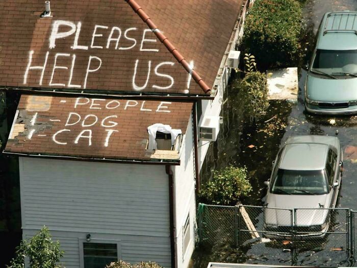 "Roof message in flood: 'Please Help Us!' with counts for people, dog, cat. Historical capsule of crisis."