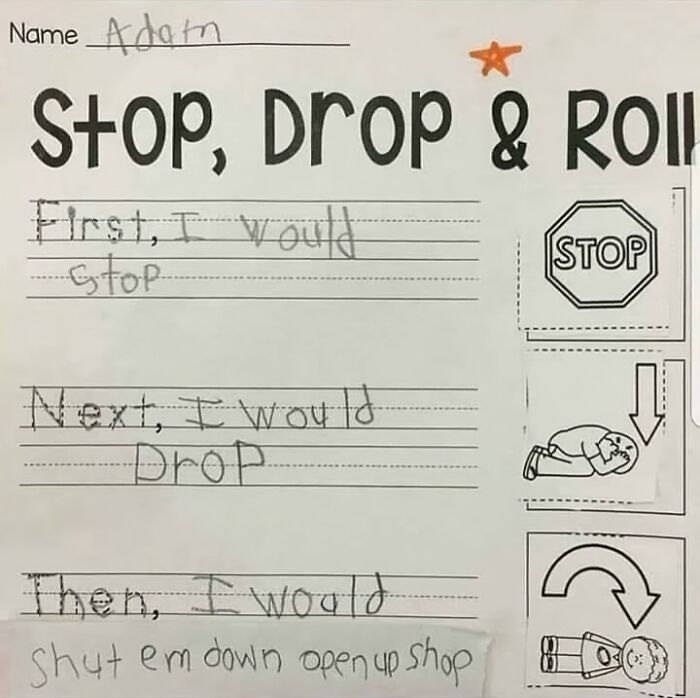 Child's humorous take on "Stop, Drop and Roll" from Millennial Misery, ending with song lyrics instead of safety advice.