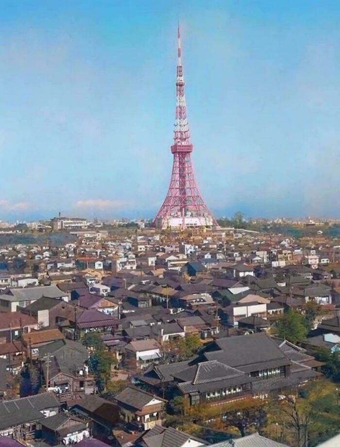 Vintage Tokyo skyline with the Tokyo Tower, showcasing the historical evolution of urban landscapes.
