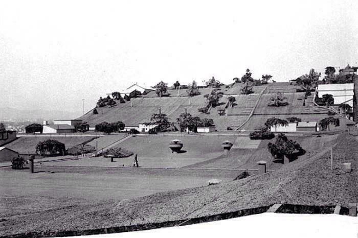 Historical photo of 1940s San Francisco; Alcatraz visible in the background, offering a glimpse into the city's past landscape.