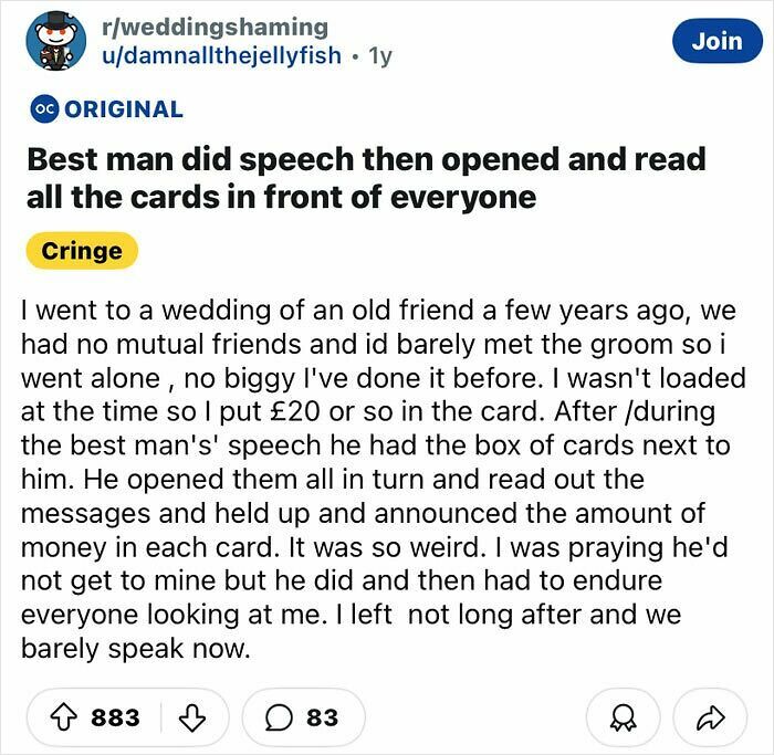 Cringe-worthy wedding story shared online, featuring a best man reading out loud all the card messages and amounts.