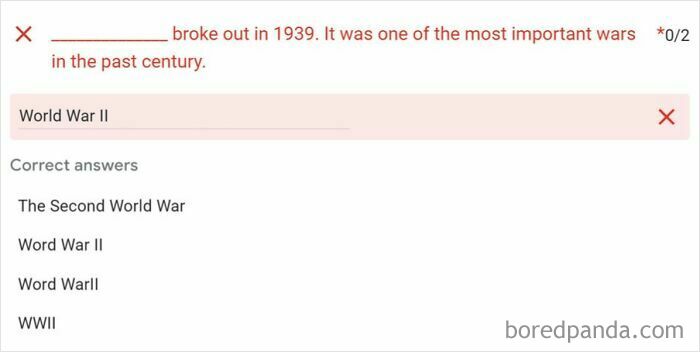 Quiz error showing incorrect World War II answers, causing online frustration.