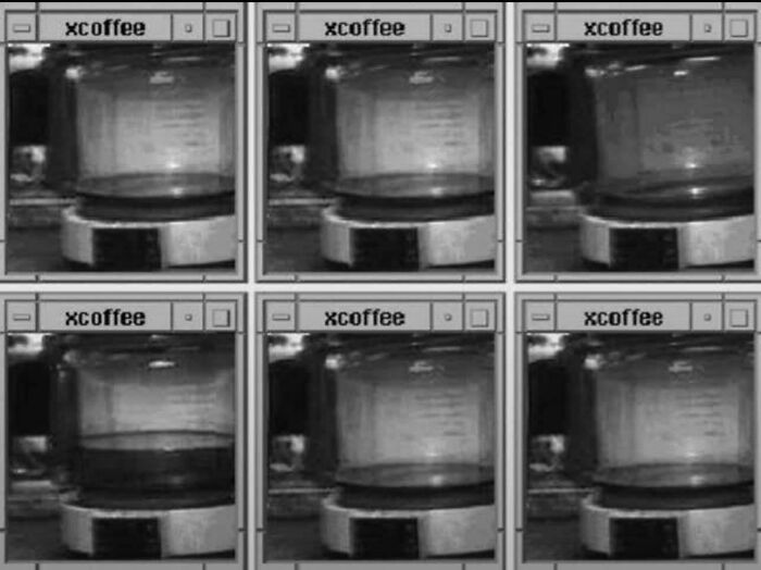 Six black and white images showing an early internet coffee pot monitor from the "Historical Capsule" collection.