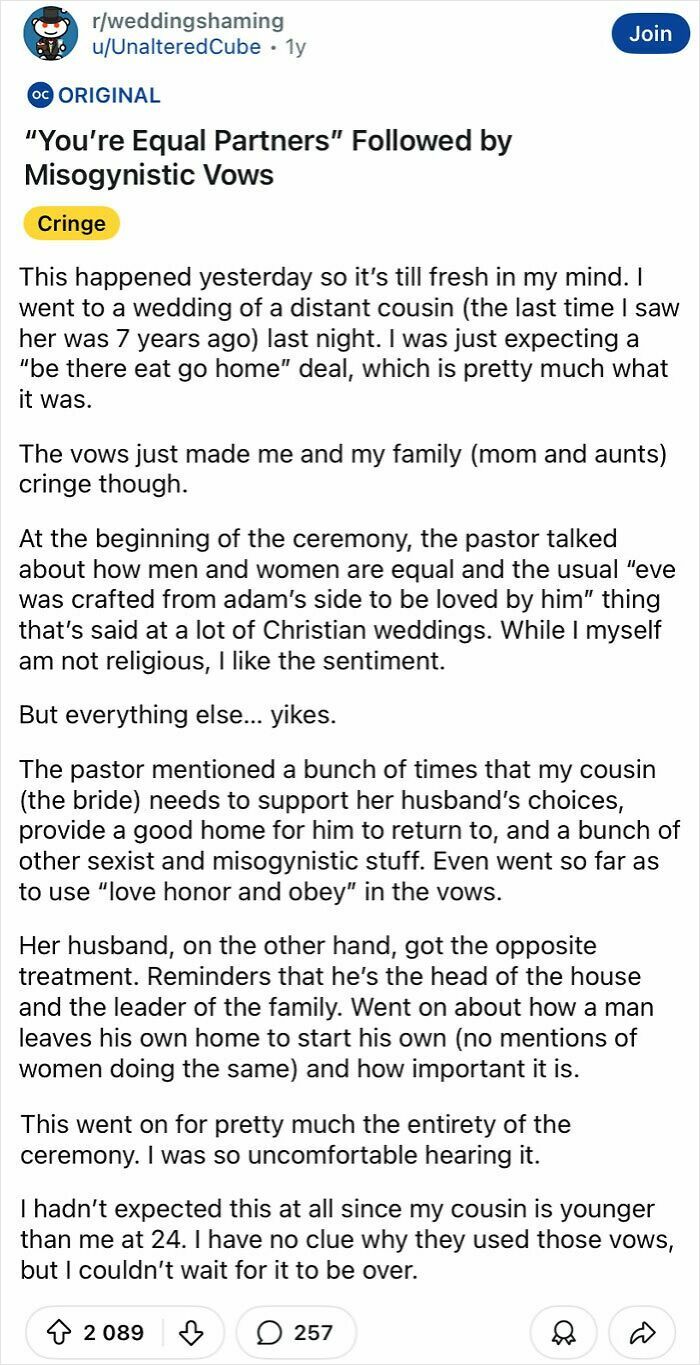 Text detailing a chaotic wedding, highlighting cringe-worthy, misogynistic vows and uncomfortable moments.