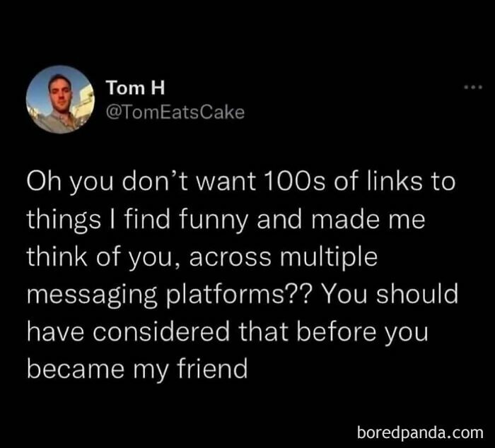 Text post about sending funny links, typical 'Millennial Misery' humor.