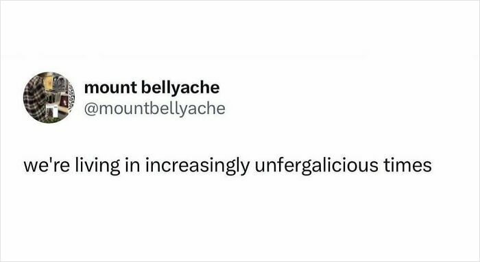 Millennial Misery meme text reads, "we're living in increasingly unfergalicious times," by mountbellyache.
