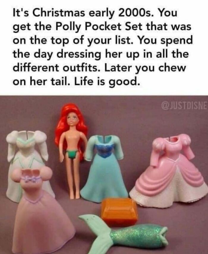 Millennial Misery meme: Ariel doll with various outfits, capturing 2000s nostalgia.