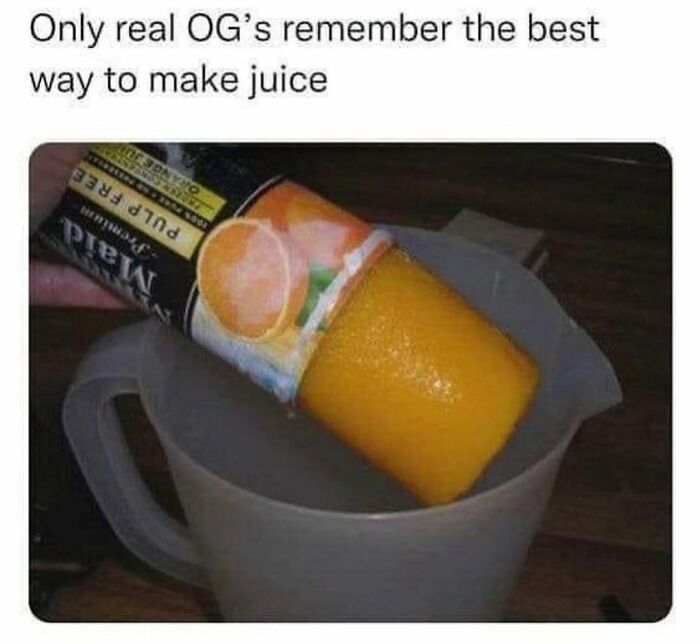 Millennial Misery meme showing frozen orange juice being poured from a can into a pitcher.