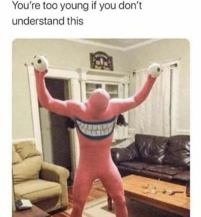 Millennial meme featuring a person in a pink costume with exaggerated grin, holding eyeballs in a living room.