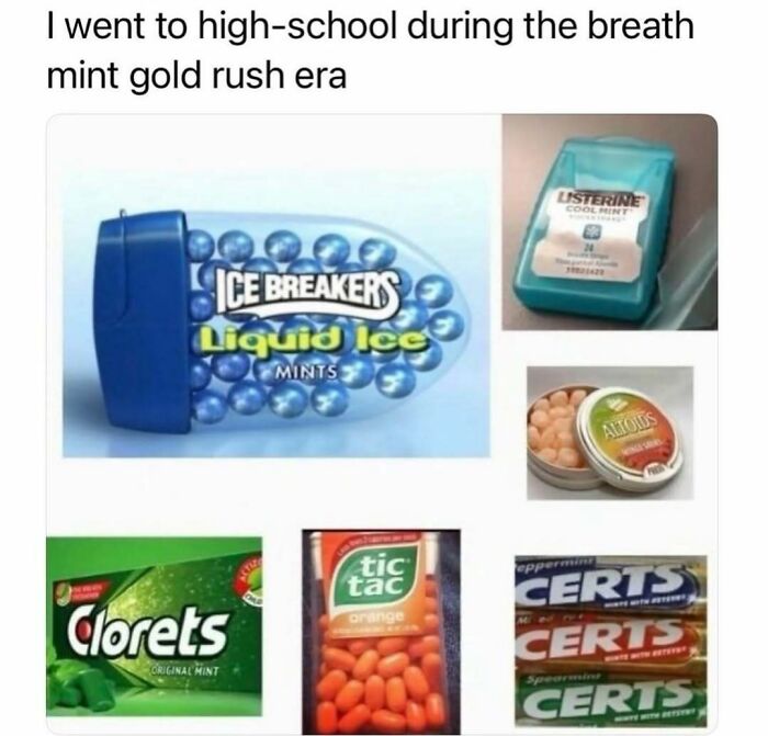 Millennial misery meme featuring a collage of popular 2000s breath mint brands.