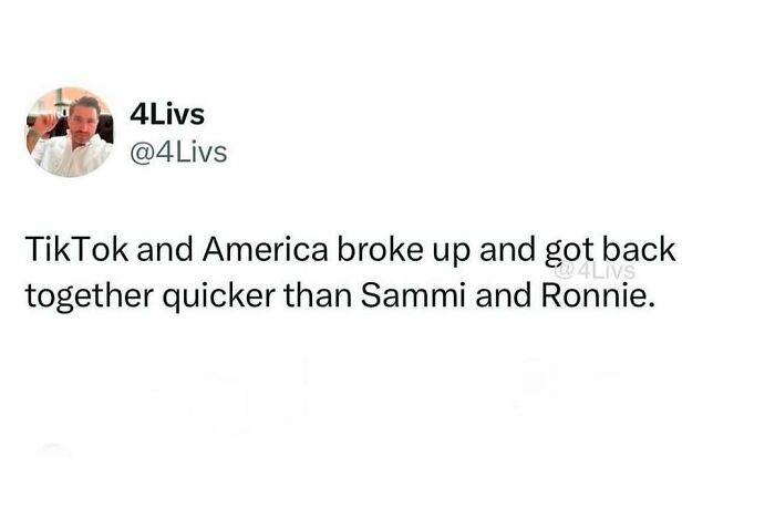 Millennial Misery meme joking about TikTok and America's relationship comparing it to Sammi and Ronnie.