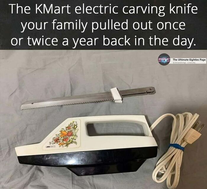 Millennial Misery meme of a vintage KMart electric carving knife with floral design and attached cord.