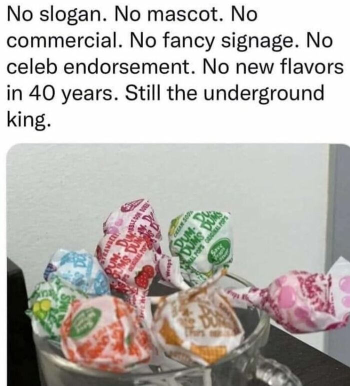 Millennial Misery meme featuring lollipops with text about their enduring popularity despite minimal marketing.