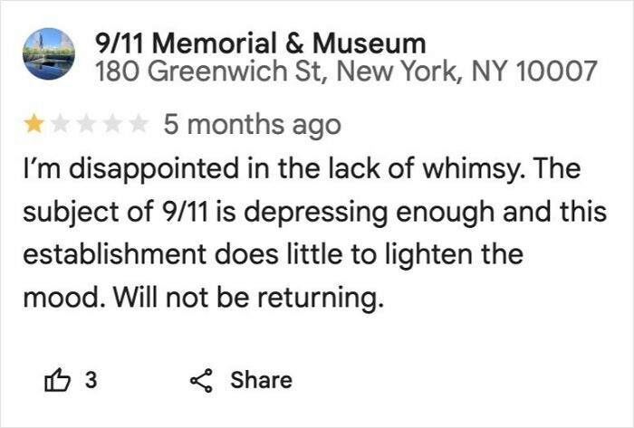 One-star review criticizing self-awareness at 9/11 Memorial & Museum.