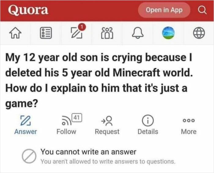 Quora post humor highlighting lack of self-awareness about a child's Minecraft world deletion.