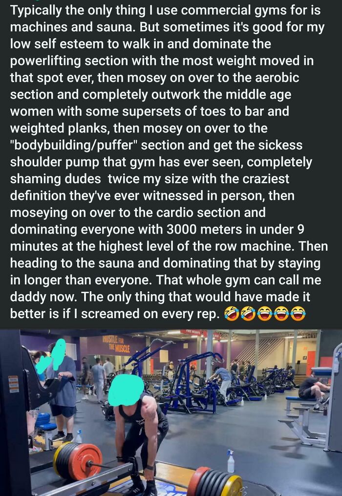 Gym-goer shamed for lack of self-awareness; lifting weights in a busy gym, surrounded by others exercising.