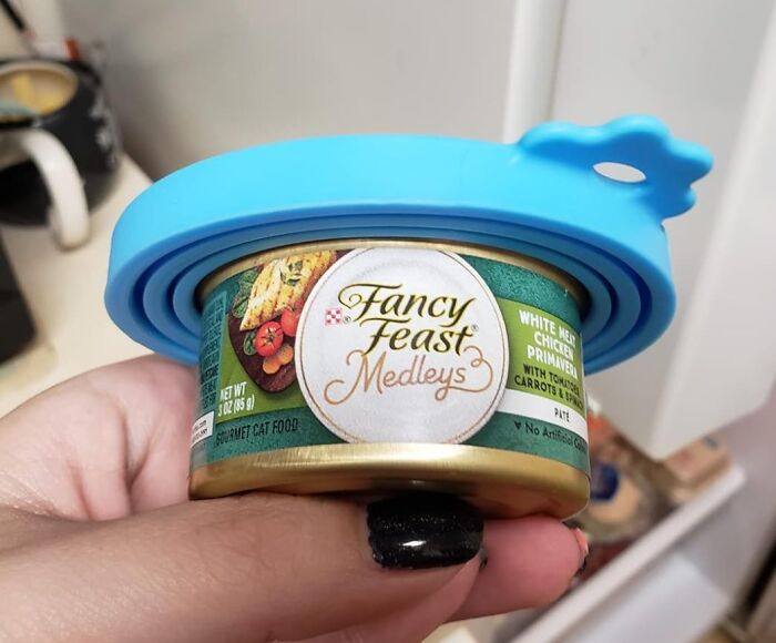 Hand holding Fancy Feast cat food can with a blue silicone lid.