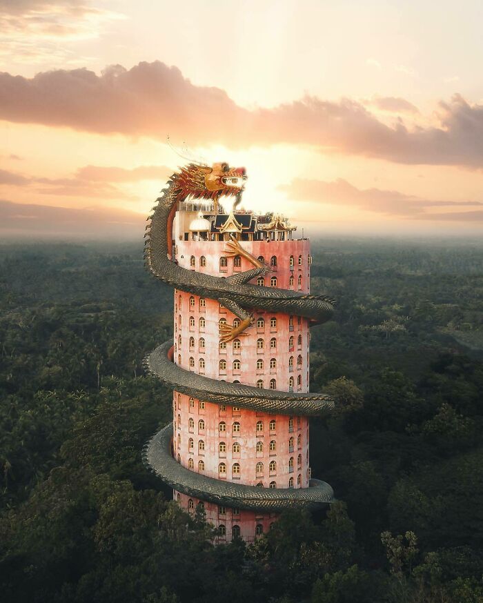 Aerial photo of a pink tower with a dragon sculpture coiled around it, set against a lush forest backdrop.