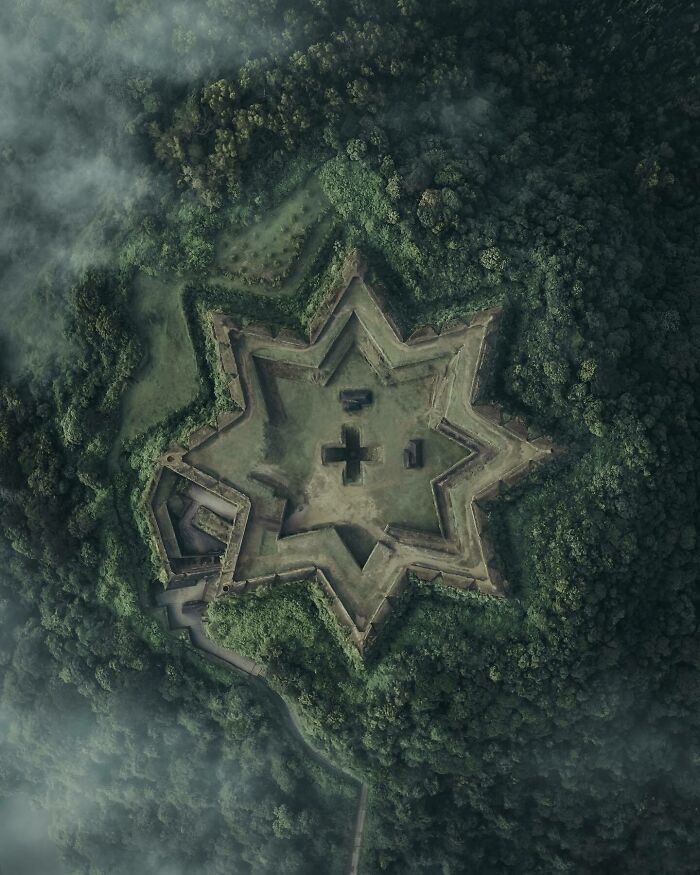 Aerial view of a star-shaped fort surrounded by lush green forest, showcasing a unique angle of the world.